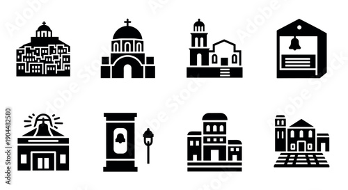 Monochrome religious building symbols featuring churches and chapels in minimalist style