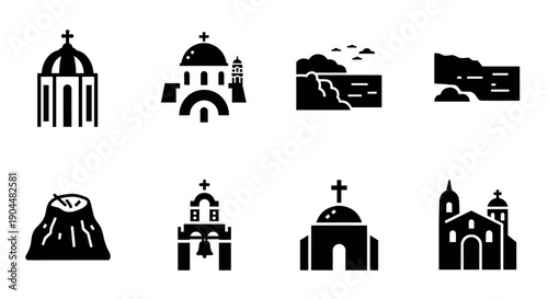 Minimalist black and white icon set of spanish and greek churches with landscapes