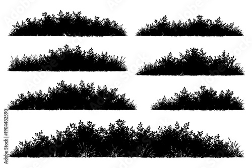 Set of detailed silhouette bushes and shrubs in various shapes.