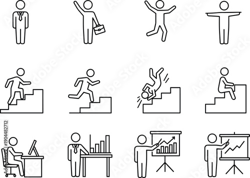 Business career and success pictogram icons set, office work presentation growth stairs achievement symbols, professional development and motivation concept, line style vector illustration