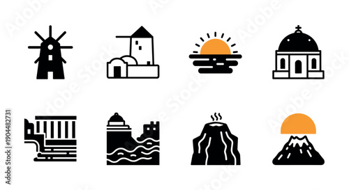 Minimalist landmark icons: windmills, volcanoes, and architecture in bold design