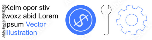 Business solutions, financial management, repair services, maintenance tools, technical operations, corporate settings. Blue dollar sign with line, wrench and gear. Finance and maintenance