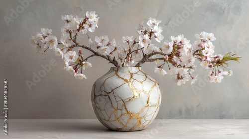 Kintsugi white ceramic vase with gold cracks and blooming cherry blossom branches on a neutral background