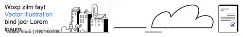 Cloud technology, urban infrastructure, data sharing, digital transformation, business solutions, remote work. Cityscape next to a cloud with a document symbol. Cloud technology and urban