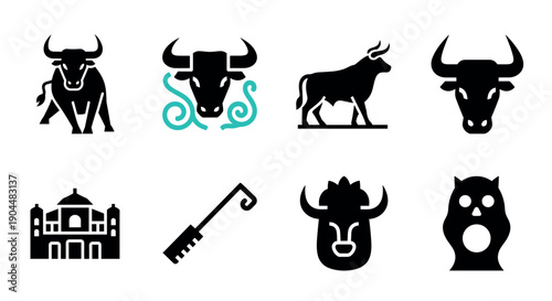 Bull icons and traditional symbols in bold silhouette style