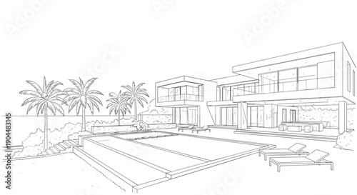 Modern luxury villa with palm trees and pool in linear sketch style
