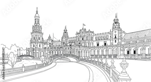 Elegant linear drawing of historic plaza landmark with detailed architecture