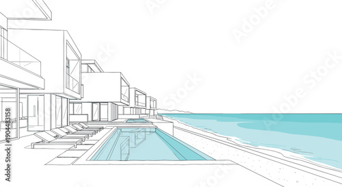 Modern beachfront villas with infinity pool and ocean horizon in minimalist linear design