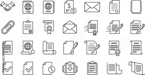 Business document and contract line icon set featuring legal certificates, signed agreements, handshakes, clipboards, envelopes, global passports, and professional office paperwork for corporate use