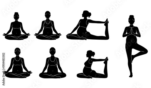 Pregnant woman yoga silhouettes vector illustration set