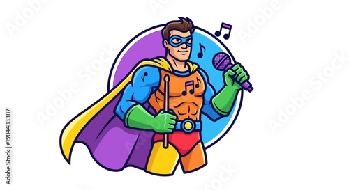 Superhero with a microphone and musical notes in the background, symbolizing music and performance, perfect for entertainment and audio-related projects