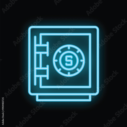 Neon blue safe glowing on a black background, representing security and savings