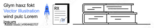 Education, research, innovation, health concepts, knowledge advancement, modern design. A rocket, prescription form and minimal stack of books. Education and innovation