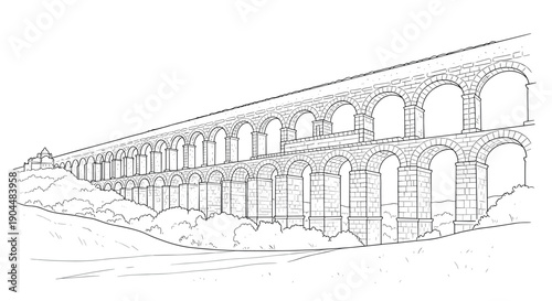 Historic aqueduct outline drawing with roman arch architecture in minimalist linear style
