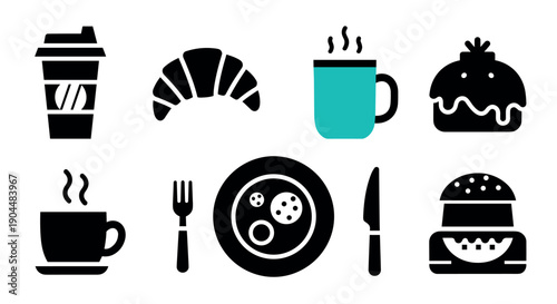 Minimalistic breakfast icons: coffee, croissant, burger, tableware, and more