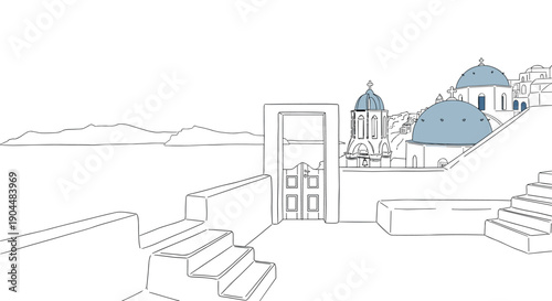 Minimalist linear art of santorini architecture with scenic view and blue domes