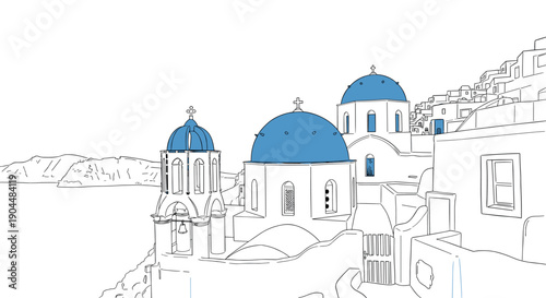 Santorini architecture in modern minimal style featuring iconic blue domes and white buildings