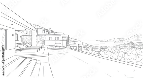 Modern linear art of luxury sea view villa with infinity pool and coastal landscape
