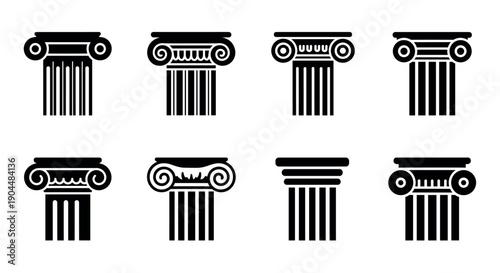 Set of classic greek and roman column capitals in black silhouette style