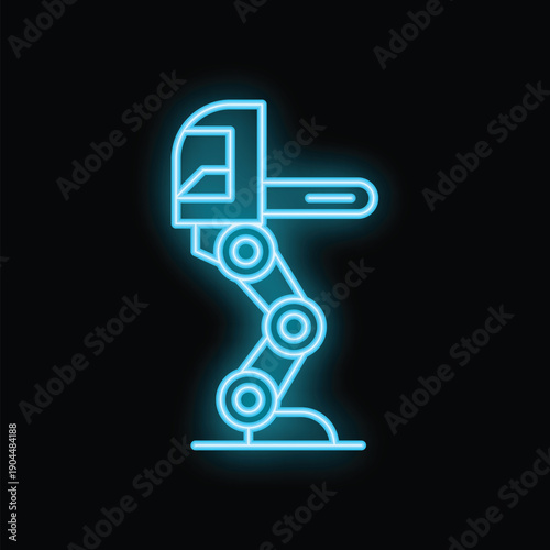 Blue glowing neon icon of a robot leg with a cabin operating a chainsaw on a black background