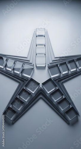 Ultra-clean 3D rendering of an abstract monochrome geometric background composed of flat square glass tiles arranged in a precise star-shaped layout. The elements are evenly spaced, floating slightly 
