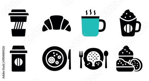 Breakfast icons: coffee, croissant, and more in minimalist silhouette style