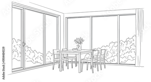 Modern dining area with large windows and scenic views in black and white linear style