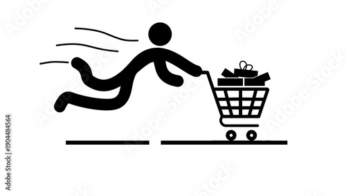 man flying and holding a shopping cart, black isolated silhouette