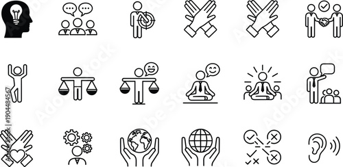 Business teamwork and leadership icons set, communication, strategy, motivation, mindfulness, collaboration, problem solving, human resources, management, personal development vector illustration