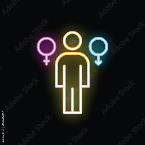 Neon gender symbols are glowing around a non binary person in this illustration of gender identity and lgbtq pride