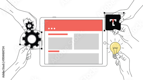 Stylized illustration of tablet with website layout, collaborative web design concept, creative teamwork, innovation, typography, development, user interface design