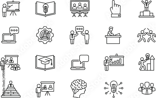 Business training, education, teamwork, and leadership icon set with presentation, online learning, strategy, communication, and growth concepts in modern outline vector style