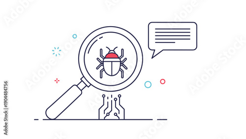 Magnifying glass inspecting a red bug over circuit lines on a digital screen represents software testing and debugging.