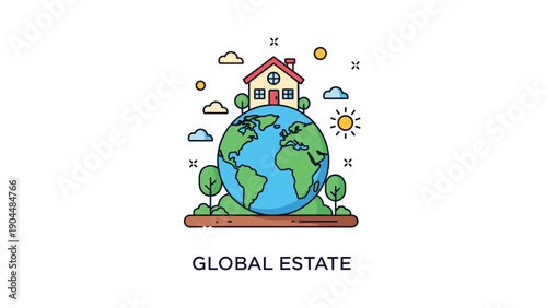 Global real estate concept showing a small house sitting on top of planet earth with trees, clouds, and a bright sun shining.