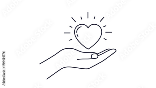 Caring hand holding a shining heart icon with light rays, symbolizing love, support, healthcare, and humanitarian assistance.