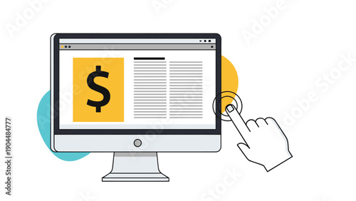 Online payment or e-commerce illustration showing a computer screen with a dollar sign and a hand clicking to make a transaction.