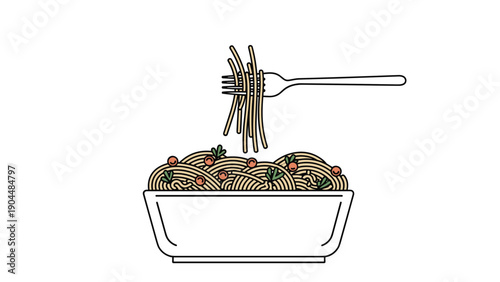 Bowl of spaghetti pasta topped with herbs and olives with a fork lifting a serving, representing a delicious Italian meal for dinner.