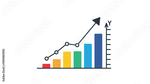 Financial growth and success bar chart with colorful red, orange, yellow, green, and blue columns and an upward rising trend arrow.
