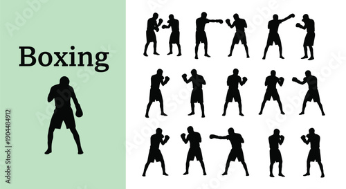 Collection of black silhouette icons illustrating various essential shadow boxing stances and punching movements for fitness training routines