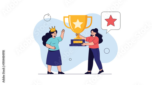 Two successful businesswomen celebrate their achievement by holding a large gold trophy cup and wearing a crown.