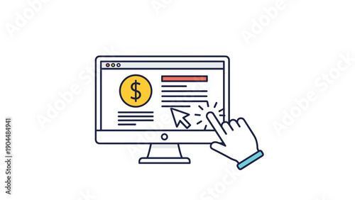 Human hand clicks on a website button with a dollar coin icon to represent online payment or e-commerce transactions.