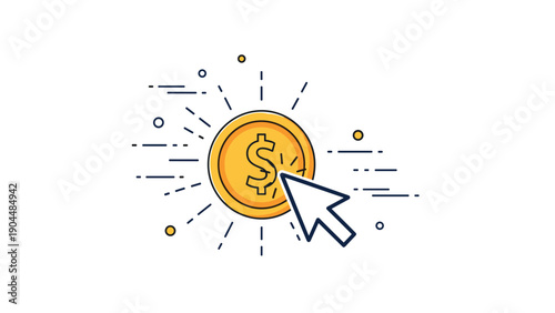 Mouse cursor clicking on a shiny gold dollar coin icon to represent pay-per-click advertising or digital profits.