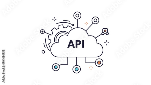 Cloud-based Application Programming Interface concept showing API text inside a cloud with integration gears and nodes.