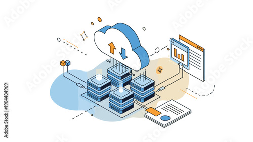 Advanced cloud computing infrastructure with multiple servers connected to a central cloud for data storage and analysis.