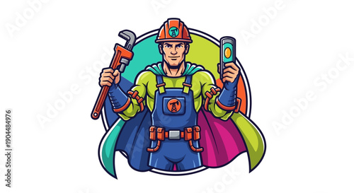 Dynamic cartoon illustration of a skilled superhero technician or handyman holding a wrench and smartphone, symbolizing modern repair and maintenance services with digital efficiency and expertise