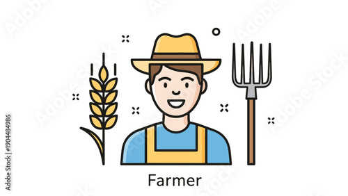 Friendly smiling farmer character portrait with a yellow wheat stalk and a garden pitchfork for agriculture concepts.