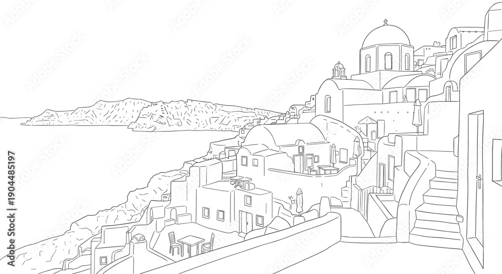 Obraz premium Santorini cliffside architecture line art with sea view and classic white buildings