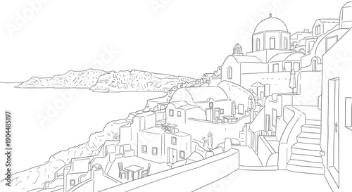 Santorini cliffside architecture line art with sea view and classic white buildings