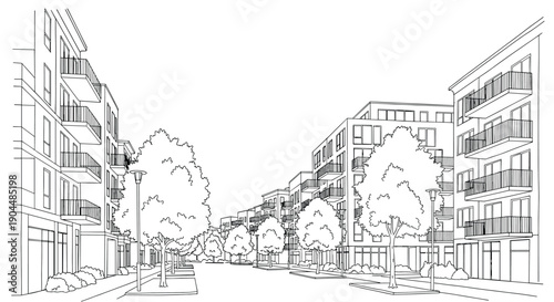 Modern urban street with trees and apartments in black and white line art