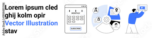 Subscription calendar, data analysis with pie chart and gear icons, person streaming video. Ideal for digital marketing, business strategy, project management, analytics, collaboration, workflow